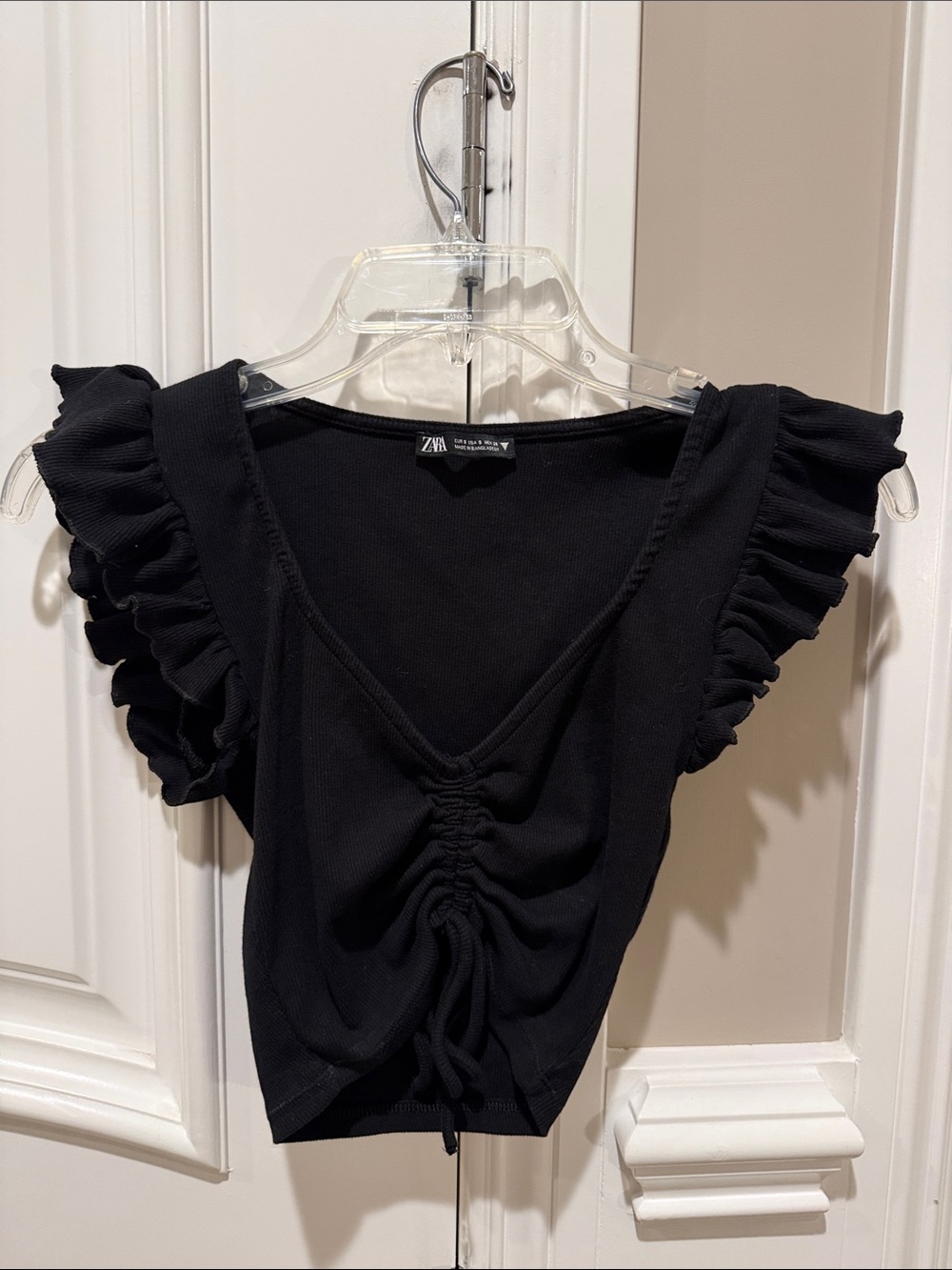 Zara Black Ruched V-Neck Crop Top with Ruffle Sleeves